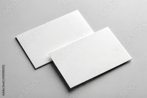 Two blank, white, rectangular pieces of paper, likely business cards