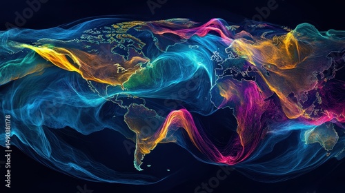 Abstract World Map with Glowing Particle Connections Representing Global Communication Network Data Flow and Interconnectivity on Dark Background