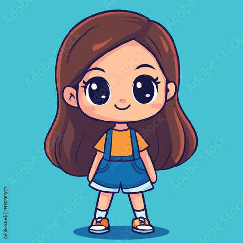 Adorable Cartoon Girl with Big Eyes and Playful Outfit Smiling