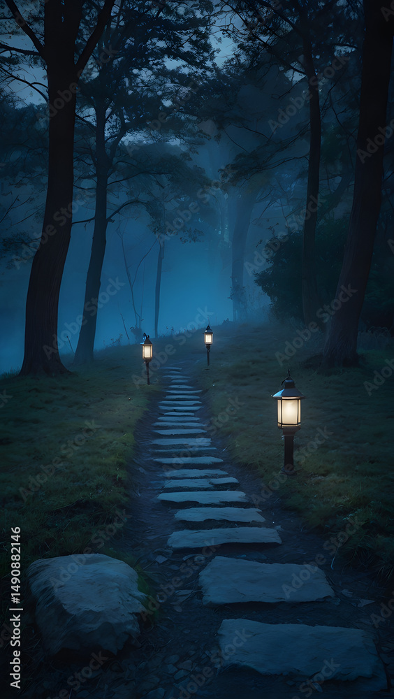 Fototapeta premium A mystical pathway illuminated by lanterns leading through a foggy forest at twilight or dusk time