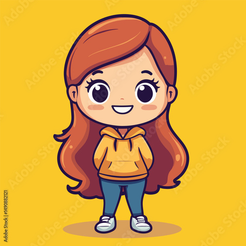 Adorable Cartoon Girl with Long Red Hair and Smiling Face