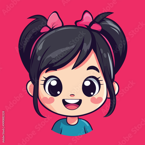 Adorable Cartoon Girl with Pigtails Pink Bows and a Cheerful Smile