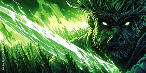 Mystical Warrior Boar with Glowing Eyes in Green Field Holding Enchanted Sword Fantasy Vector Illustration Graphic Design Game Mythical Creature Art Concept Background