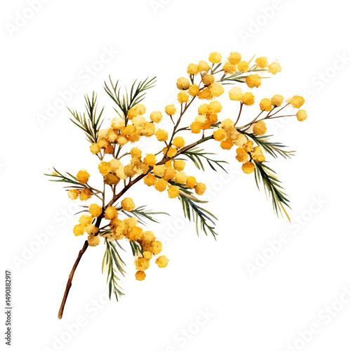 watercolor of Mimosa Branch Covered In Golden Pollen, vector high quality, isolated on a white background.