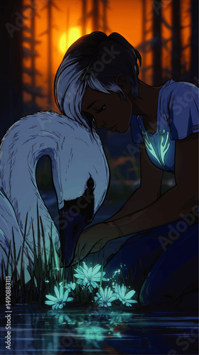 Enchanting Vector Illustration of Girl and Swan with Glowing Magical Flowers in Mystical Forest at Sunset Featuring Reflective Water Fantasy Nature Scene Cartoon Art