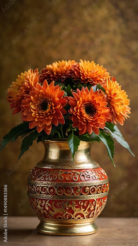 custom made wallpaper toronto digitalOrange Mum Flower Bouquet in Gold Metal Cylindrical Vase A Stunning Floral Arrangement