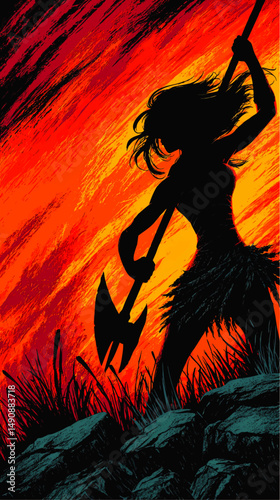 Fantasy Warrior Woman Silhouette Holding Axe Vector Illustration Fiery Dramatic Background Savage Powerful Female Fighter Dark Art Tribal Epic Battle Concept Design