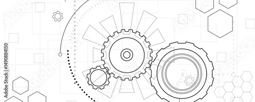 Abstract gear wheel and Cogs mechanism and machine technology vector illustration background. Engineering design of gears. Technical drawing background. Engineering blueprint style mechanical design.