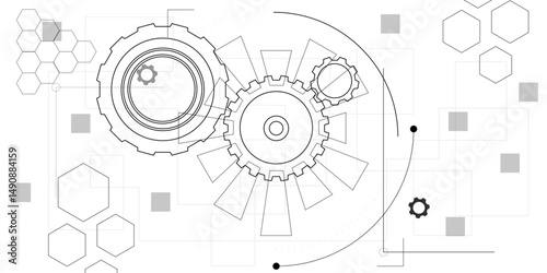Abstract gear wheel and Cogs mechanism and machine technology vector illustration background. Engineering design of gears. Technical drawing background. Engineering blueprint style mechanical design.