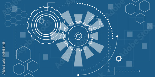 Abstract gear wheel and Cogs mechanism and machine technology vector illustration background. Engineering design of gears. Technical drawing background. Engineering blueprint style mechanical design.