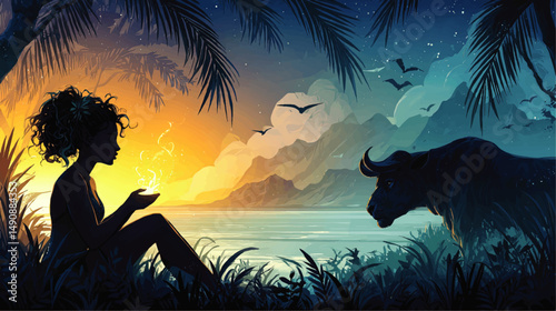 Enchanting Tropical Fantasy Vector Illustration with Magical Woman Holding Light Buffalo Silhouette Palm Trees Exotic Ocean Sunset and Mystical Nature Scenery