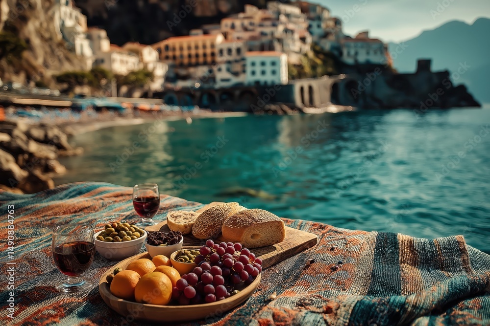 Obraz premium Amalfi Coast Picnic with Sea View and Mediterranean Culinary Spread