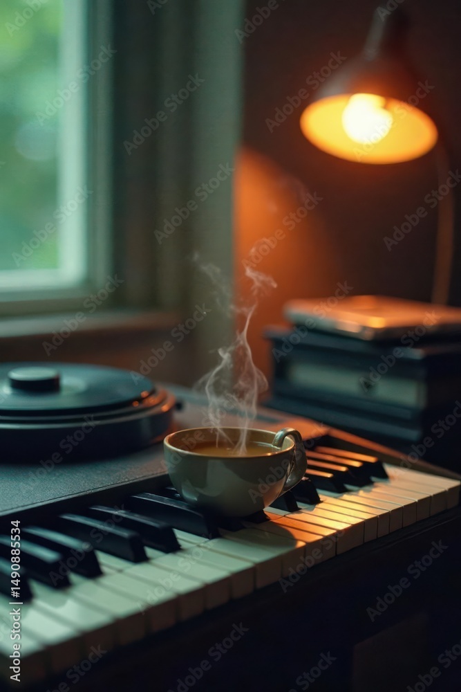 Obraz premium Warm Beverage Steaming on Piano Keys Beside Vintage Turntable Under Soft Lamplight