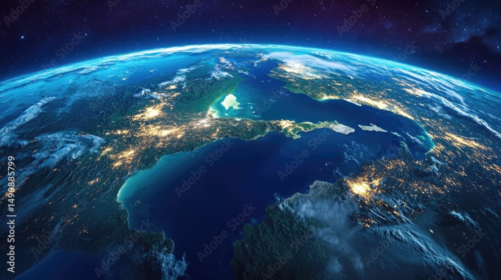 Fototapeta premium Dramatic Earth View From Space with City Lights and Atmospheric Perspective