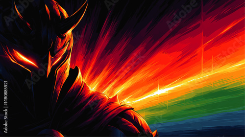 Epic Dark Fantasy Knight Illustration with Fiery Glowing Eyes Wearing Armor in Dynamic Poses Set Against Vivid Powerful Multicolor Rainbow Background Vector Art Concept