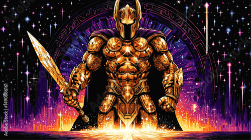 Epic Fantasy Golden Armored Knight Warrior with Sword Standing in Cosmic Gateway Magical Galaxy Background Creative Vector Illustration for Gaming Mythology NFT Art
