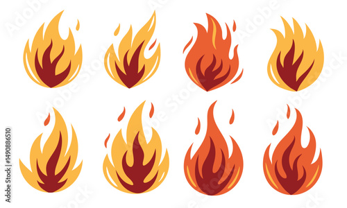 
Flat Fire Flame Icon Vector Illustration Set – Burning Flames, Campfire, Bonfire on Isolated Background for Fire Hazard, Heat, and Energy Concepts 