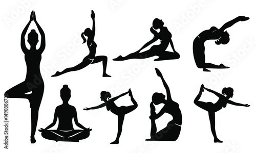 Women practicing Meditation and Yoga vector silhouette set, Girl stretching and relaxing her body in different fitness poses, isolated on white background