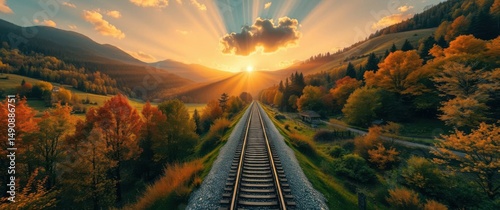 Autumn train tracks stretching into a scenic sunset surrounded by hills and colorful fall trees.