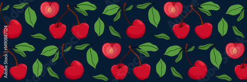 Seamless pattern with cherry on dark background. Whole berry and sliced in half showing pit. Spring garden background with foliage. Perfect for textile, menu, packaging, recipe. Vector illustration.