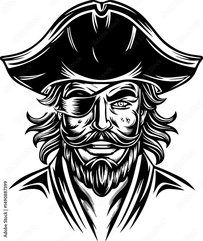 A skull tattoo design blending pirate and Atlantean elements. Vintage Pirate Captain with Eye Patch and Mustache Illustration A skull tattoo design blending pirate and Atlantean elements. Vintage Pirate Captain with Eye Patch and Mustache Illustration