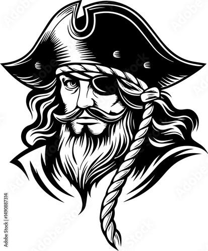 A skull tattoo design blending pirate and Atlantean elements. Vintage Pirate Portrait with Hat and Eye Patch in Black and White