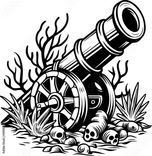 A skull tattoo design blending pirate and Atlantean elements. Vintage Cannon Surrounded by Marine Life and Sunken Treasure Elements