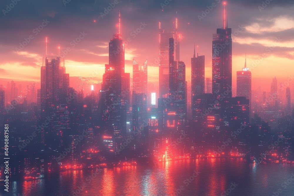 Fototapeta premium City skyline illuminated by vibrant lights during dusk with a glowing water reflection