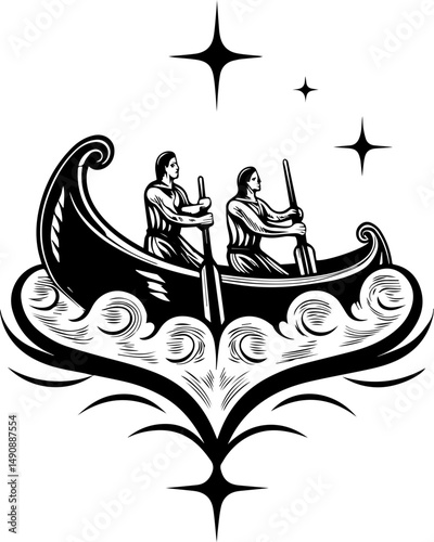 A skull tattoo design blending pirate and Atlantean elements. Vintage Style Illustration of Two Rowers in a Canoe Surrounded by Stars