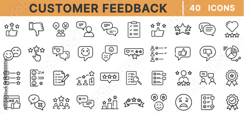 Customer Feedback Line Icons – Rating, Review, Survey, Satisfaction, Thumbs Up, Chat Bubble, Star Score, Testimonial, User Opinion, Support