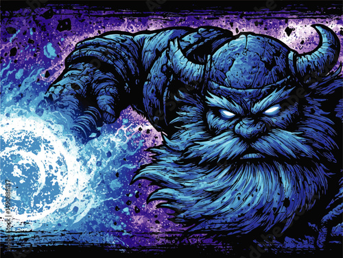 Epic Fantasy Vector Art of Powerful Viking Warrior Wizard Casting Magic Spell with Glowing Blue Energy Orb in Cosmic Space Background Stunning Illustration Design