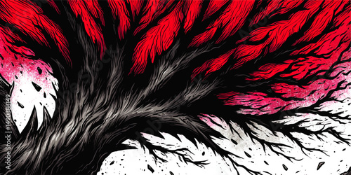 Dramatic Vector Illustration of Abstract Dark Tree with Red and Black Leaves Symbolizing Nature Power Horror Mystery Fantasy and Intense Graphic Art Background Design
