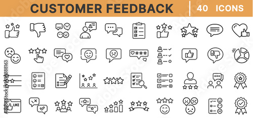 Customer Feedback Line Icons – Rating, Review, Survey, Satisfaction, Thumbs Up, Chat Bubble, Star Score, Testimonial, User Opinion, Support
