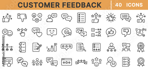 Customer Feedback Line Icons – Rating, Review, Survey, Satisfaction, Thumbs Up, Chat Bubble, Star Score, Testimonial, User Opinion, Support
