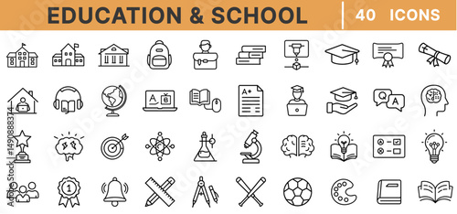 Education and School Line Icons – Student, Teacher, Books, School Building, Graduation Cap, Blackboard, Globe, Microscope, Atom, Pencil, Learning