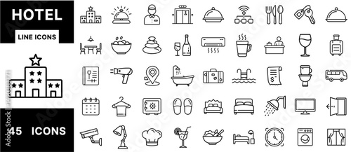 Hotel Line Icons – Building, Room Service, Bed, Slippers, Bathtub, Reception Bell, Concierge, Luggage, Restaurant, Pool, Key, Hotel Amenities Set