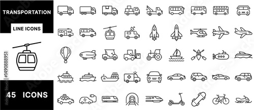 Transportation Line Icons – Car, Truck, Bus, Bike, Train, Airplane, Helicopter, Rocket, Boat, Scooter, Cable Car, Taxi, Travel Vehicle Outline Set