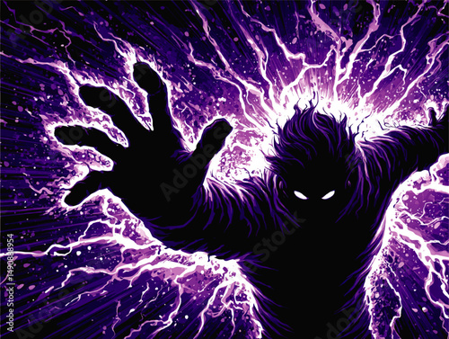 Dynamic Vector Illustration of Dark Supernatural Figure with White Glowing Eyes Emitting Powerful Purple Lightning Energy Waves Ideal for Fantasy SciFi Anime Concept Art