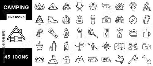 Camping Line Icons – Tent, Campfire, Backpack, Flashlight, Sleeping Bag, Compass, Camp Stove, Hiking Boots, Log Cabin, Outdoor Adventure, Outline Style
