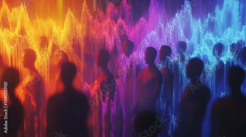 Crowd Silhouettes in Abstract Lightscape Generative Art Exploring Human Connection and Digital Realms and Emotional Resonance and Technological Aesthetics and Societal