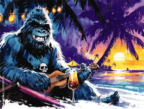 Vibrant Vector Illustration of Smiling Blue Gorilla Playing Ukulele Relaxing on Tropical Beach at Sunset with Palm Trees Cocktail Lanterns and Skull Necklace Artwork
