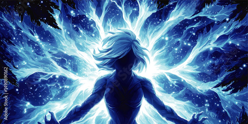 Mystical Vector Art Illustration of Powerful Female Silhouette with Glowing Blue Energy Aura Surrounded by Cosmic Stars and Fantasy Magic Abstract Background