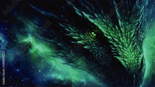 Mystical Fantasy Dragon Illustration with Glowing Green Eye and Detailed Scales in a Cosmic Galaxy Background Ideal for Wallpapers Posters and Fantasy Art Enthusiasts