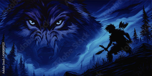 Epic Dark Fantasy Vector Illustration Showing a Fearless Archer in Misty Wilderness Facing a Majestic Fierce Wolf Spirit under Mysterious Night Sky and Dense Forest