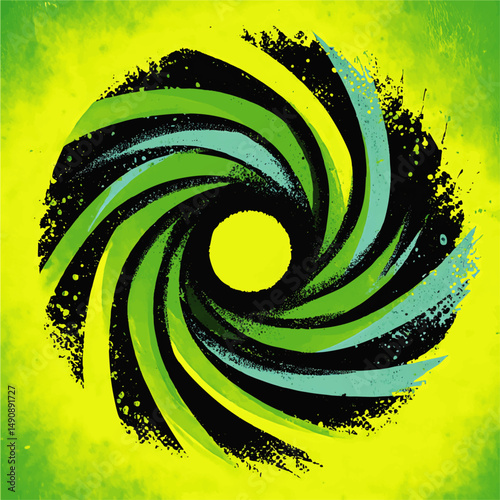 Abstract Spiral Swirl Vector Art in Neon Green Blue Yellow and Black Contrast Colors Creative Artistic Hypnotic Vortex Graphic Design Illustration Background photo