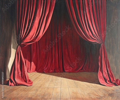 Empty stage with red velvet curtains and wood floor; vintage style oil painting