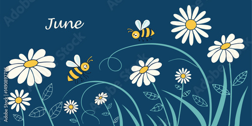 art poster summer time daisies and bees on a blue background, text "June" in white color