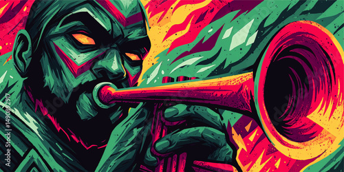 Vibrant Abstract Illustration of Jazz Musician Playing Trumpet with Bright Expressive Colors and Patterns Creative Artistic Vector Art for Music Theme and Jazz Events