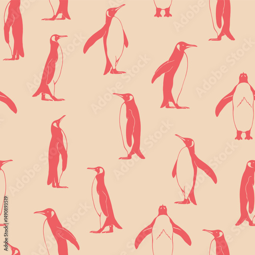 Seamless pattern with penguin. Hand drawn vector illustration.