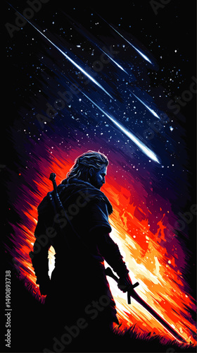Epic Warrior Holding Sword Vector Illustration with Fiery Background and Night Sky Meteor Shower Fantasy Concept Art for Posters Wallpapers and Digital Storytelling